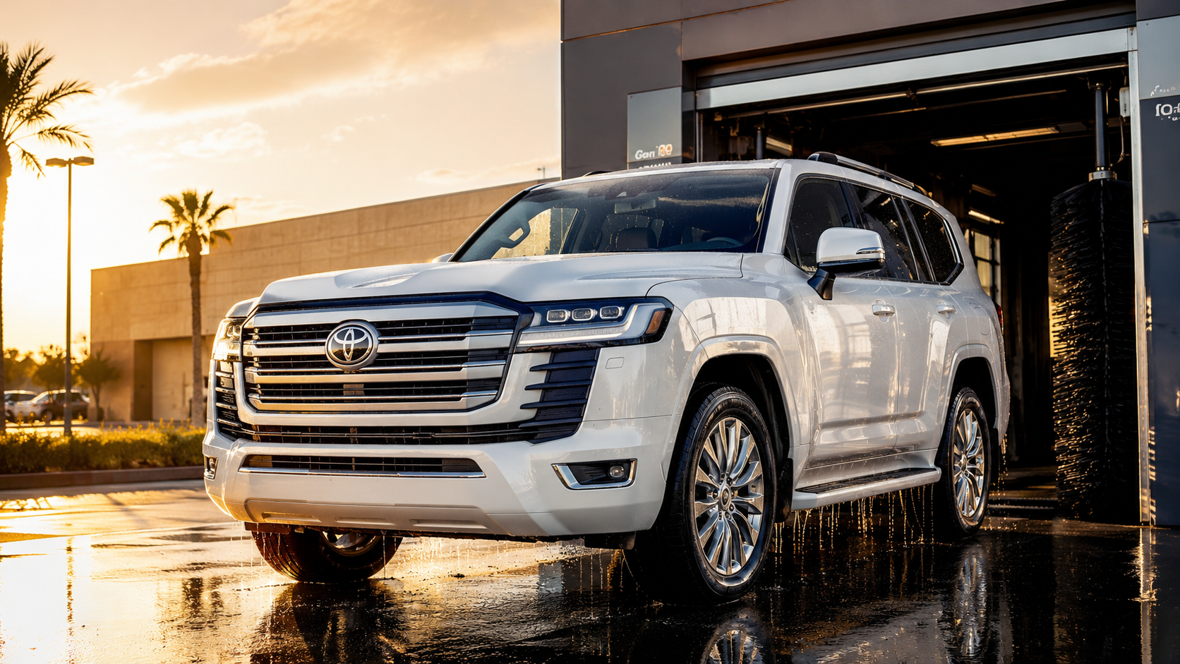 Freshly washed SUV at sunset